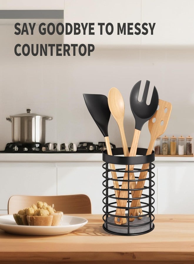 DTONIMA Utensil holder - Large Round Utensils Holder with Diatomaceous Base Matte Black Cooking Utensil Holder,Kitchen countertop Utensil Organizer (Metal) - Image 5